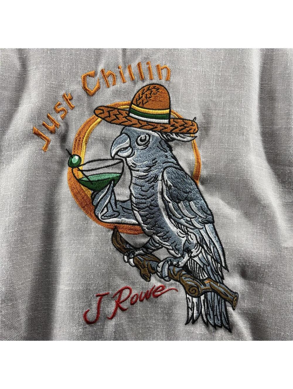 J Rowe Short Sleeve Embroidered Hawaiian Camp Shirt Mens Large Parrot Just Chill